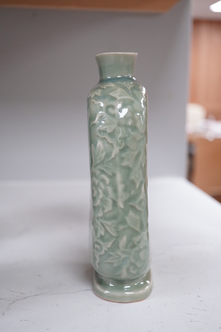 A Japanese celadon glazed flask, 19.5cm high.